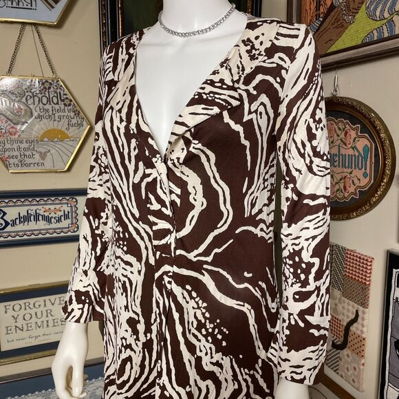 Diane Von Furstenburg Brown and White 100% Silk Jersey Split Collar Tunic Size 6 - Picture 2 of 7